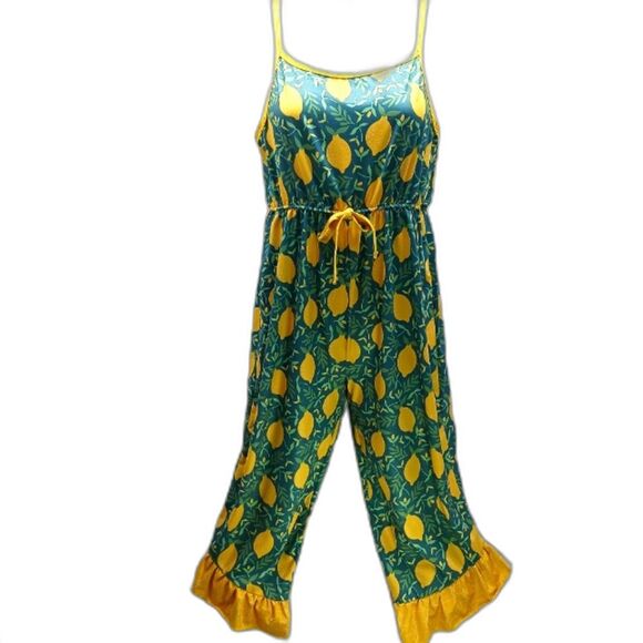 Wellie Kate One Piece Romper Lemon Garden Print. Ruffle Hem Cuff Girls Large. - Picture 1 of 9